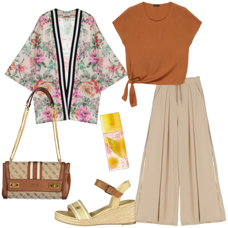 Outfit donna - Festa della Mamma. Stile Casual chic per Tutti i giorni. look ideale per Tall. Abbinamento con profumi, pantaloni a palazzo, blazer, bluse, sandali col tacco, borse a spalla.