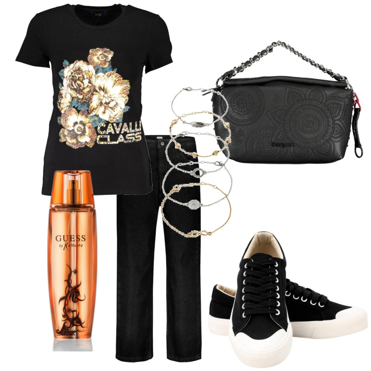 Outfit donna - Total look #1874684. Stile Casual chic per Tutti i giorni. Abbinamento con braccialetti con ciondoli, profumi, sneakers, jeans, t-shirt, collane.