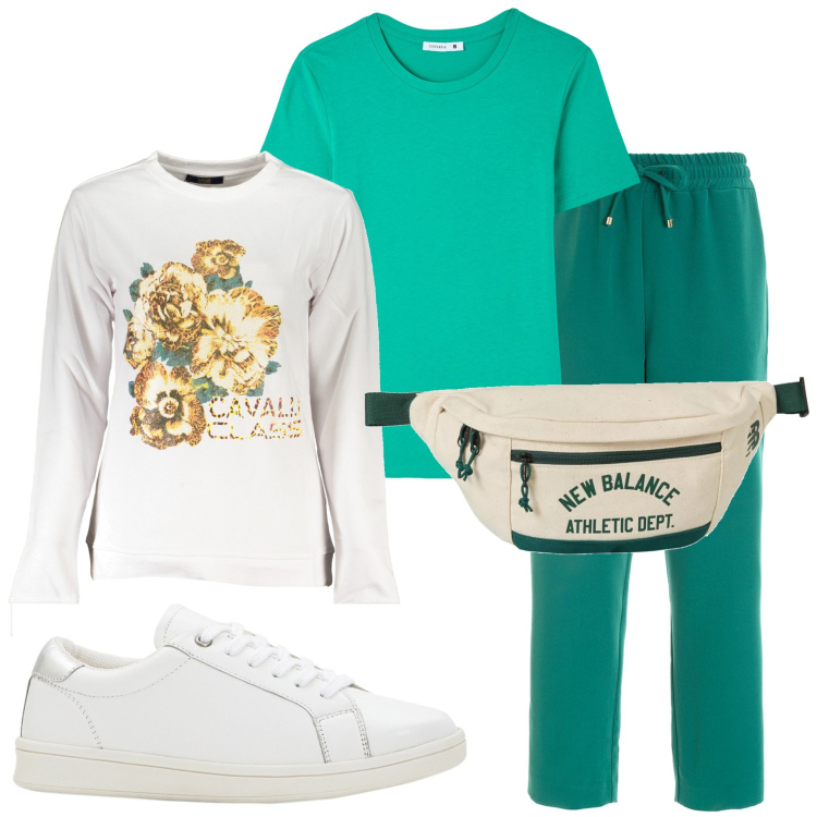 Outfit donna - Passeggiata in campagna. Stile Casual per Tutti i giorni. Abbinamento con sneakers, t-shirt, marsupi, pantaloni, felpe.