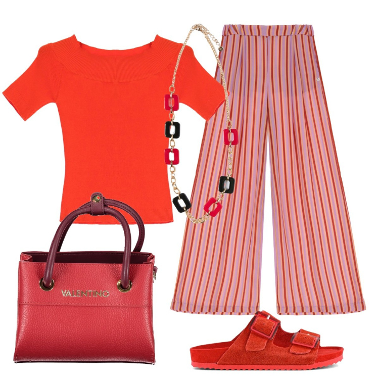 Outfit donna - Cerimonia di laurea in tot red. Stile Minimal per Cerimonia. Abbinamento con pantaloni a palazzo, maglieria, sandali, borse a spalla, ciondoli.