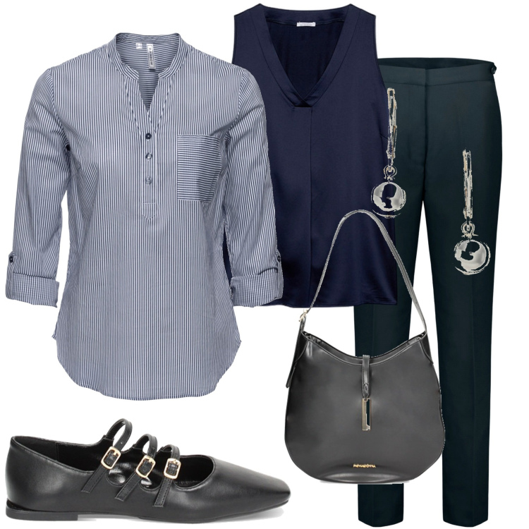 Outfit donna - In ufficio. Stile Casual chic per Ufficio. Abbinamento con tuniche, borse a spalla, ballerine, orecchini, top, pantaloni.