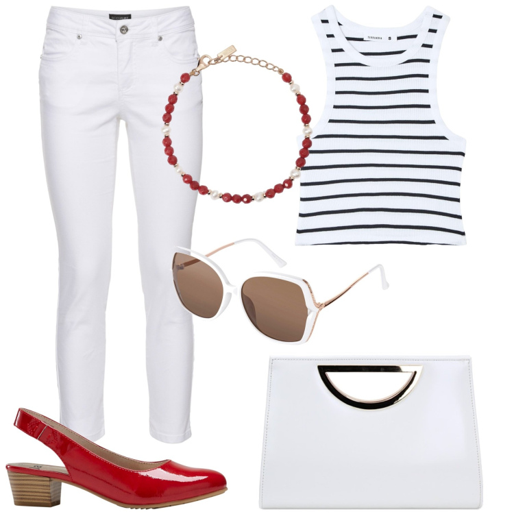 Outfit donna - In città. Stile Chic per Tutti i giorni. Abbinamento con décolleté, pantaloni, occhiali da sole, canottiere, braccialetti, pochette.