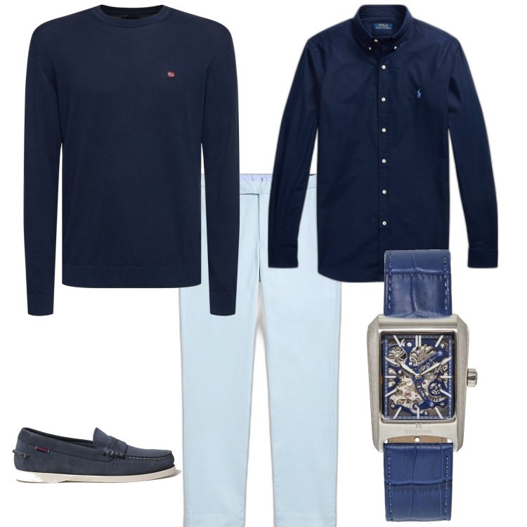 Outfit uomo - Trendy serata. Stile Trendy per Serata speciale. Abbinamento con orologi, camicie, pantaloni chino, pullovers, scarpe stringate.