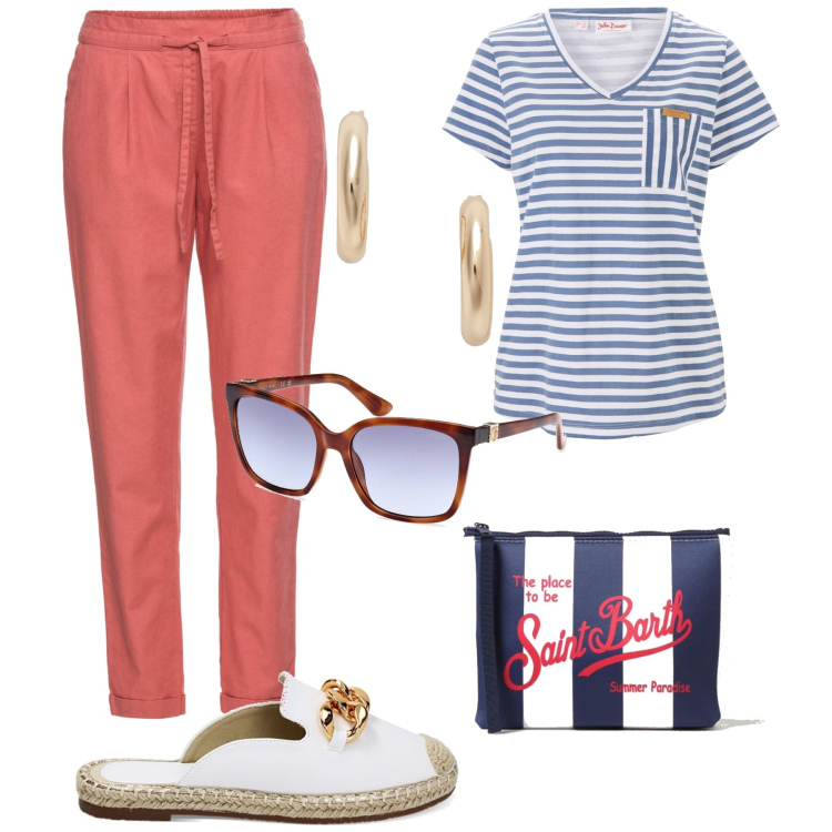Outfit donna - Comoda per il giorno. Stile Casual chic per Tutti i giorni. Abbinamento con pantaloni, t-shirt, sabot, orecchini, pochette, occhiali da sole.