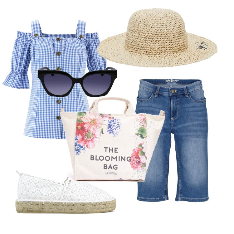 Outfit donna - Destinazione mare. Stile Minimal per Mare. Abbinamento con camicie a manica corta, bermuda, borse tote, occhiali da sole, espadrillas, cappelli.