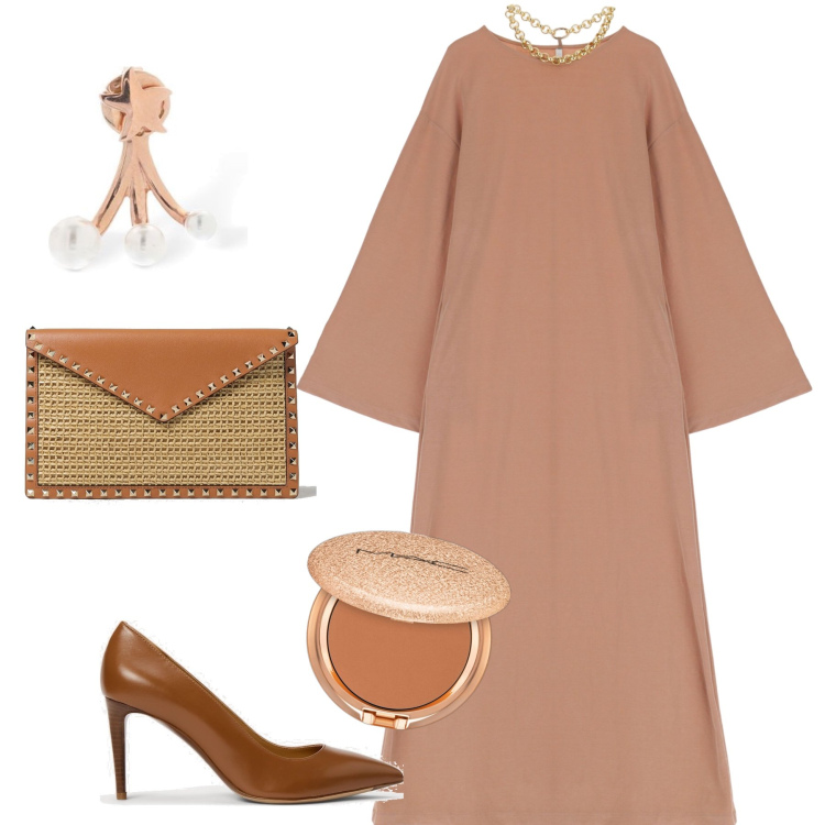 Outfit donna - Cerimonia nei toni della terra. Stile Chic per Cerimonia. Abbinamento con terre, vestiti lunghi, décolleté, orecchini, clutch.