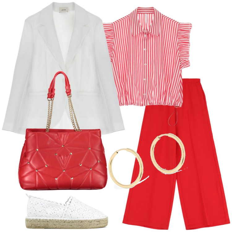 Outfit donna - Tempo libero. Stile Casual per Tutti i giorni. Abbinamento con camicie a manica corta, pantaloni a palazzo, blazer, espadrillas, orecchini, borse a spalla.