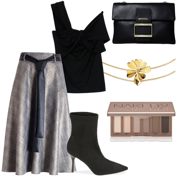 Outfit donna - Bon ton Principe di Galles. Stile Bon Ton per Serata fuori. Abbinamento con collane, ombretti, gonne longuette, top, pochette, stivaletti.