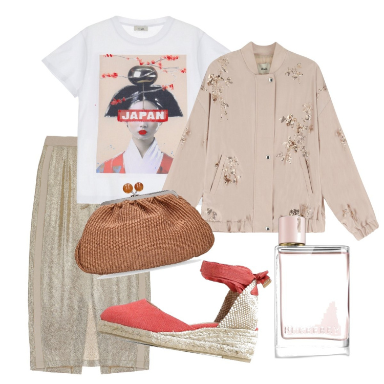 Outfit donna - Boho chic. Stile Boho Abbinamento con profumi, blazer, gonne longuette, t-shirt, espadrillas, pochette.