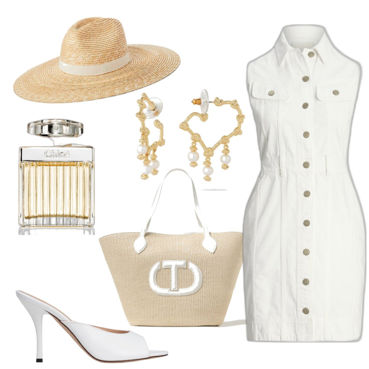 Outfit donna - Chic casual. Stile Casual chic per Tutti i giorni. Abbinamento con orecchini, profumi, sandali in pelle, vestiti senza maniche, cappelli, borse tote.