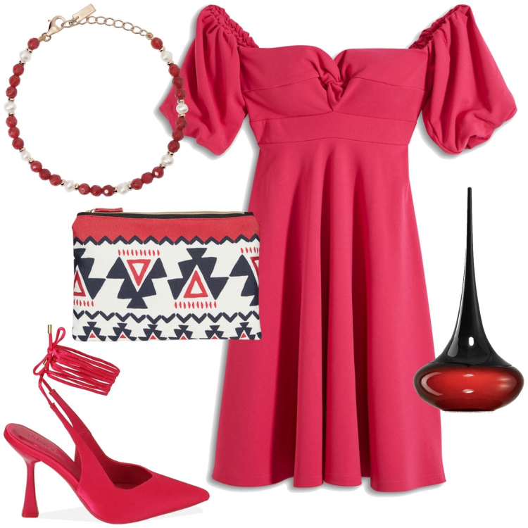 Outfit donna - Serata. Stile Chic per Serata fuori. Abbinamento con vestiti, profumi, braccialetti, décolleté, pochette.