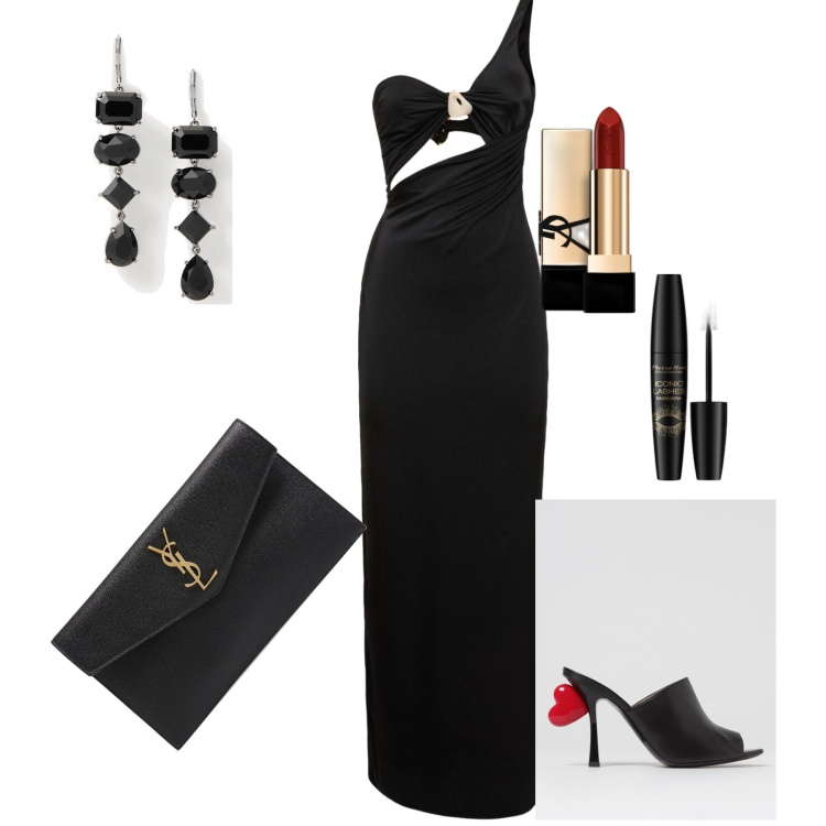 Outfit donna - Serata all opera. Stile Glamour per Serata fuori. Abbinamento con rossetti, mascara, orecchini, vestiti asimmetrici, pochette, scarpe col tacco.