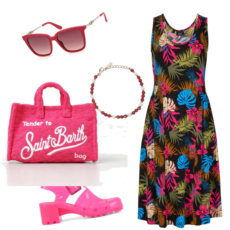 Outfit donna - Un coloratissimo sabato pomeriggio. Stile Preppy per Tutti i giorni. Abbinamento con vestiti midi/longuette, braccialetti, sandali col tacco, borse a mano, occhiali da sole.