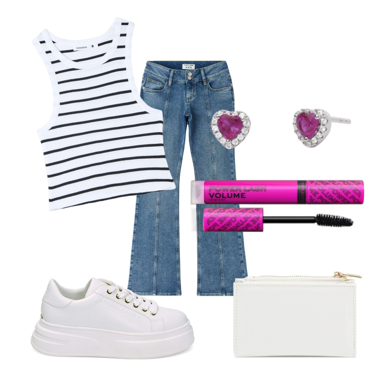 Outfit donna - Top cropped. Stile Urban per Tutti i giorni. Abbinamento con mascara, canottiere, jeans a zampa, orecchini, sneakers, portafogli.