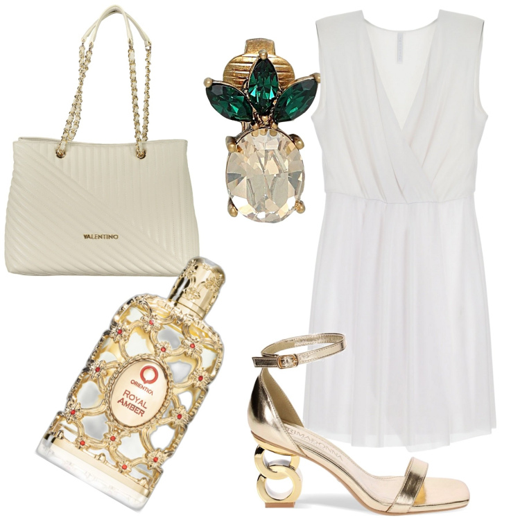 Outfit donna - Il sandalo super glam. Stile Glamour per Serata fuori. Abbinamento con orecchini, profumi, vestiti corti, sandali col tacco, borse a spalla.