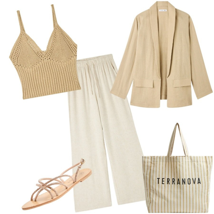 Outfit donna - Lino protagonista. Stile Casual chic per Tutti i giorni. Abbinamento con pantaloni, top, blazer, sandali, borse tote.