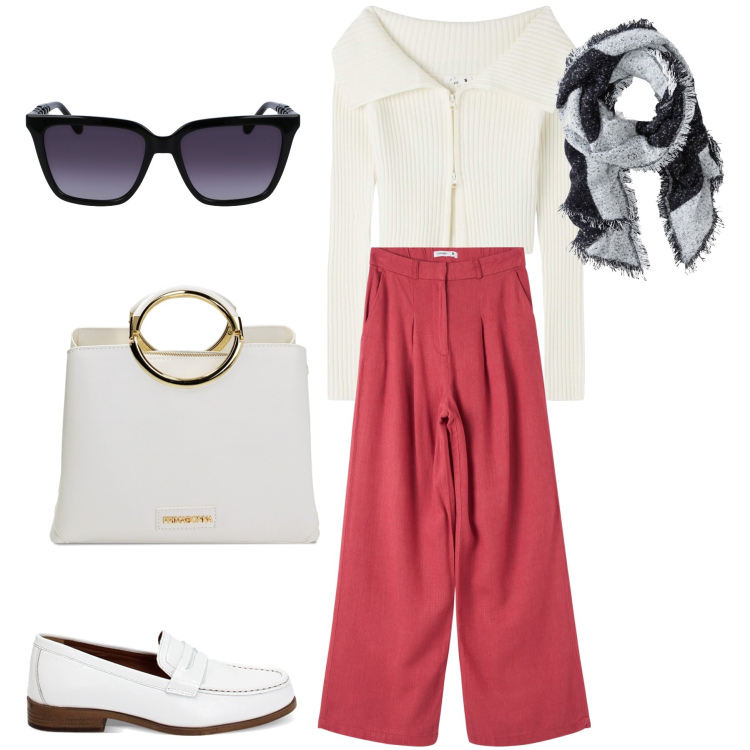 Outfit donna - City. Stile Basic per Tutti i giorni. Abbinamento con sciarpe, pantaloni, maglieria, mocassini, borse a mano, occhiali da sole.