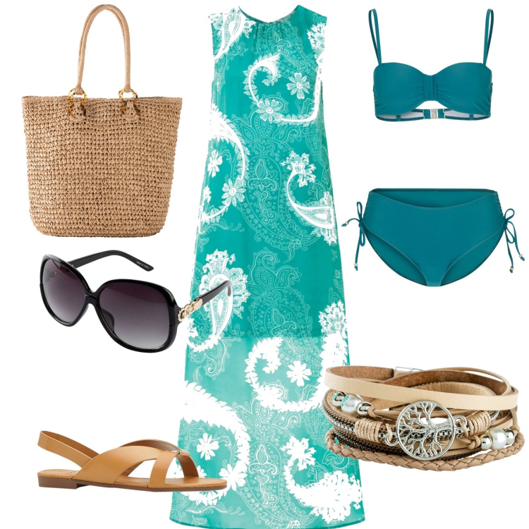Outfit donna - Voglia di mare. Stile Casual Abbinamento con bikini, sandali, occhiali da sole, braccialetti, vestiti lunghi, shopping bag.