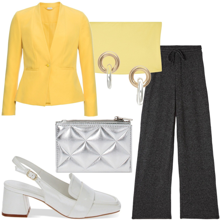 Outfit donna - Slingback bianca. Stile Casual chic per Ufficio. look ideale per Petite. Abbinamento con blazer, pantaloni, top, mocassini, portafogli, orecchini.