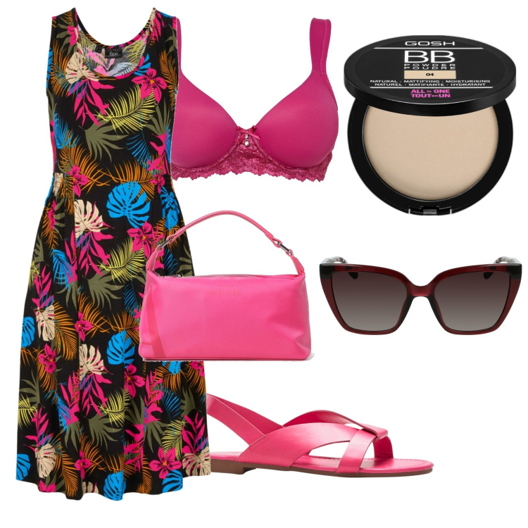 Outfit donna - Primaverissima. Stile Vintage retrò per Tutti i giorni. Abbinamento con sandali, vestiti midi/longuette, reggiseni, ciprie, borse a spalla, occhiali da sole.