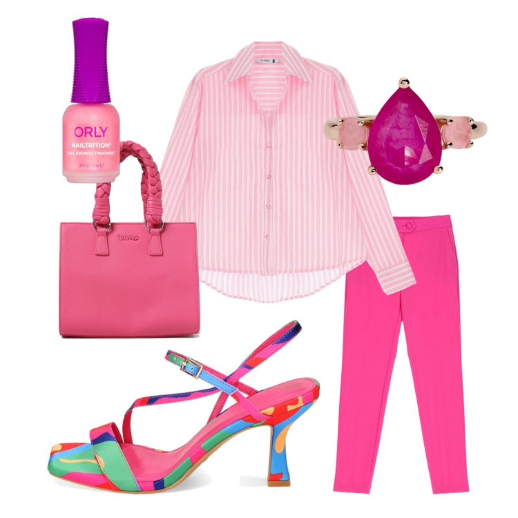 Outfit donna - Un cocktail di rosa. Stile Trendy per Ufficio. Abbinamento con smalti, camicie, anelli, pantaloni, sandali col tacco, borse a mano.
