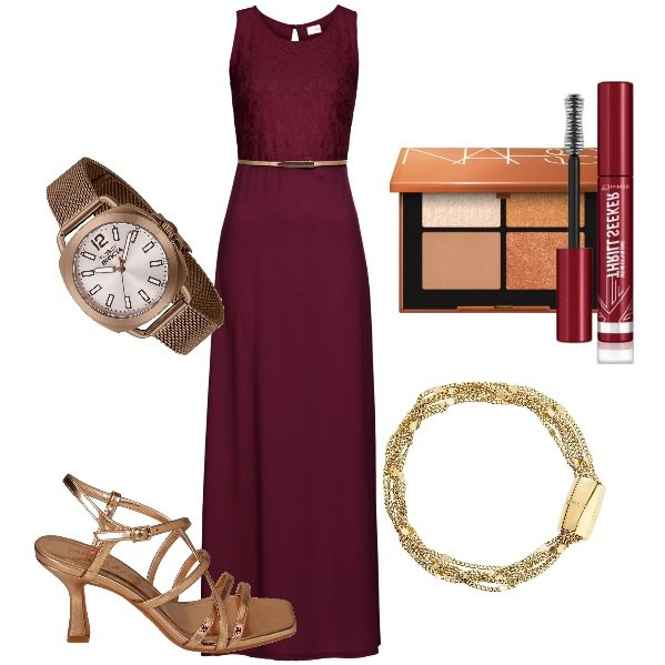 Outfit donna - Cerimonia serale. Stile Bon Ton per Cerimonia. Abbinamento con vestiti lunghi, braccialetti, orologi, mascara, ombretti, sandali col tacco.