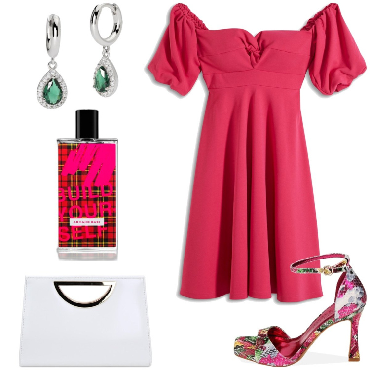 Outfit donna - Aperitivo. Stile Romantica per Serata fuori. Abbinamento con vestiti, profumi, orecchini, décolleté, pochette.
