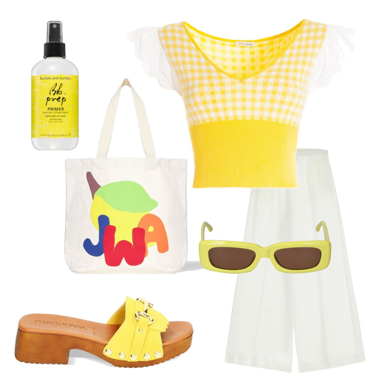 Outfit donna - Lemon juice. Stile Casual per Mare. Abbinamento con primer, top, pantaloni, zoccoli, borse tote, occhiali da sole.