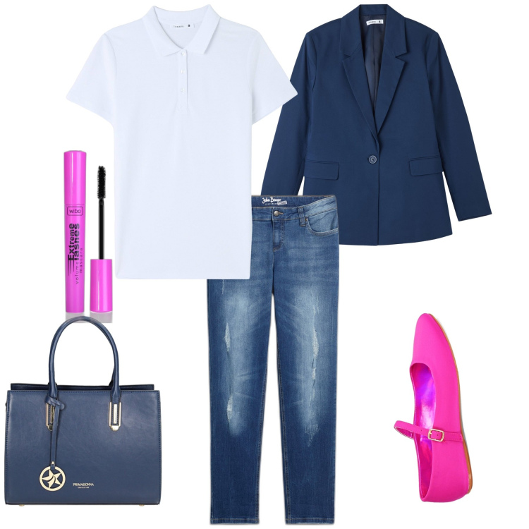 Outfit donna - Total look. Stile Bon Ton per Tutti i giorni. Abbinamento con jeans boyfriend, mascara, blazer, polo, ballerine, borse a mano.