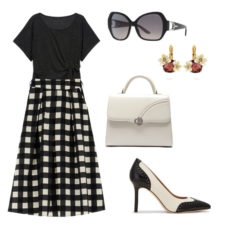Outfit donna - Outfit in bianco e nero. Stile Bon Ton per Cerimonia. Abbinamento con orecchini, gonne lunghe, occhiali da sole, décolleté, t-shirt, borse a mano.