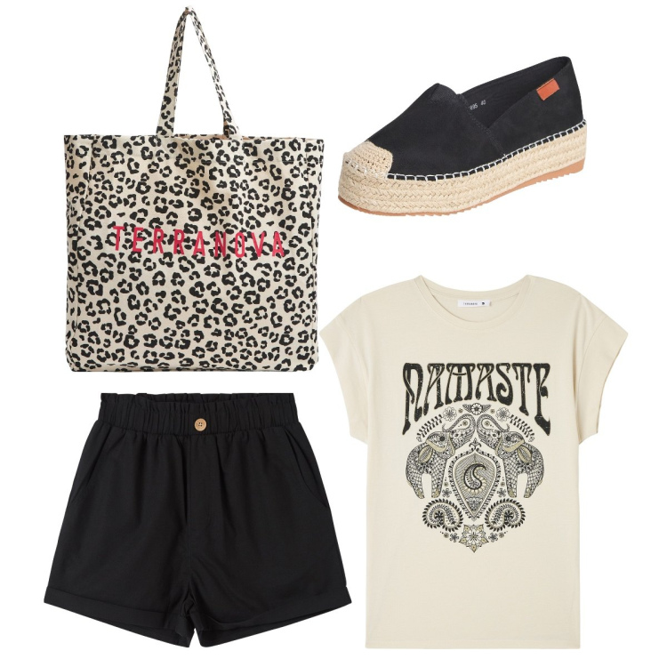 Outfit donna - Lino, nero e corda. Stile Casual per Tutti i giorni. Abbinamento con t-shirt, pantaloni corti, shopping bag, espadrillas.