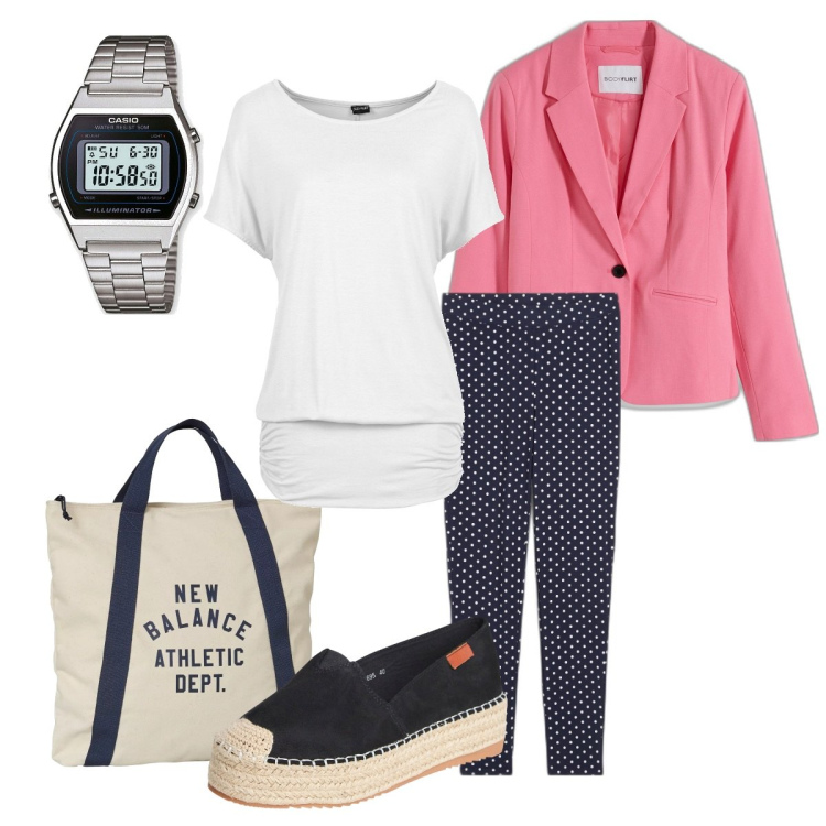 Outfit donna - La giacca perfetta curvy. Stile Basic per Tutti i giorni. Abbinamento con maglieria, leggings, blazer, orologi, espadrillas, borse a mano.