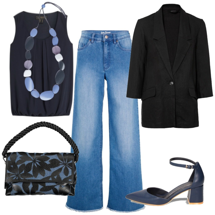 Outfit donna - La giacca perfetta. Stile Casual chic per Ufficio. Abbinamento con jeans, top, blazer, décolleté, collane, borse a spalla.