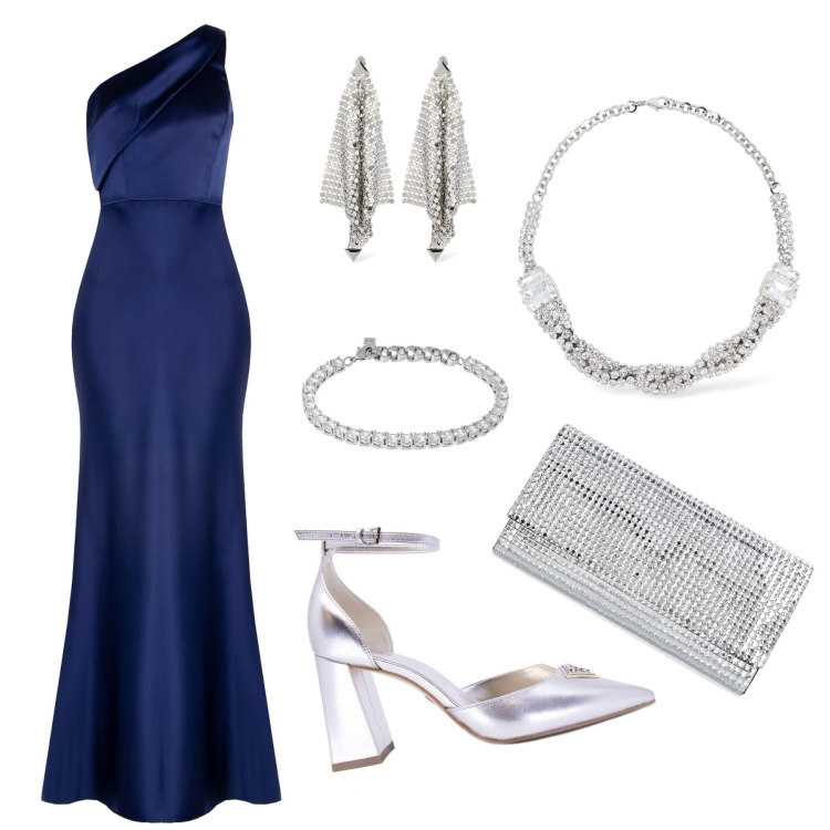 Outfit donna - Alta Classe. Stile Chic per Cerimonia. Abbinamento con vestiti asimmetrici, décolleté, pochette, orecchini, braccialetti, collane.
