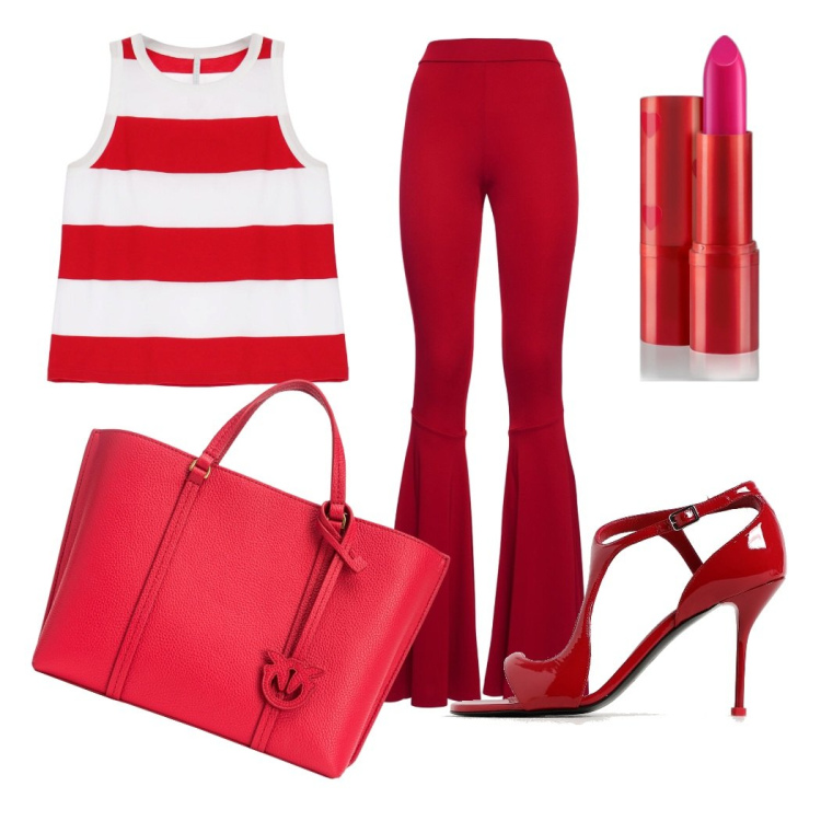Outfit donna - Shopping. Stile Casual chic per Tutti i giorni. Abbinamento con rossetti, shopping bag, top, sandali col tacco, pantaloni.