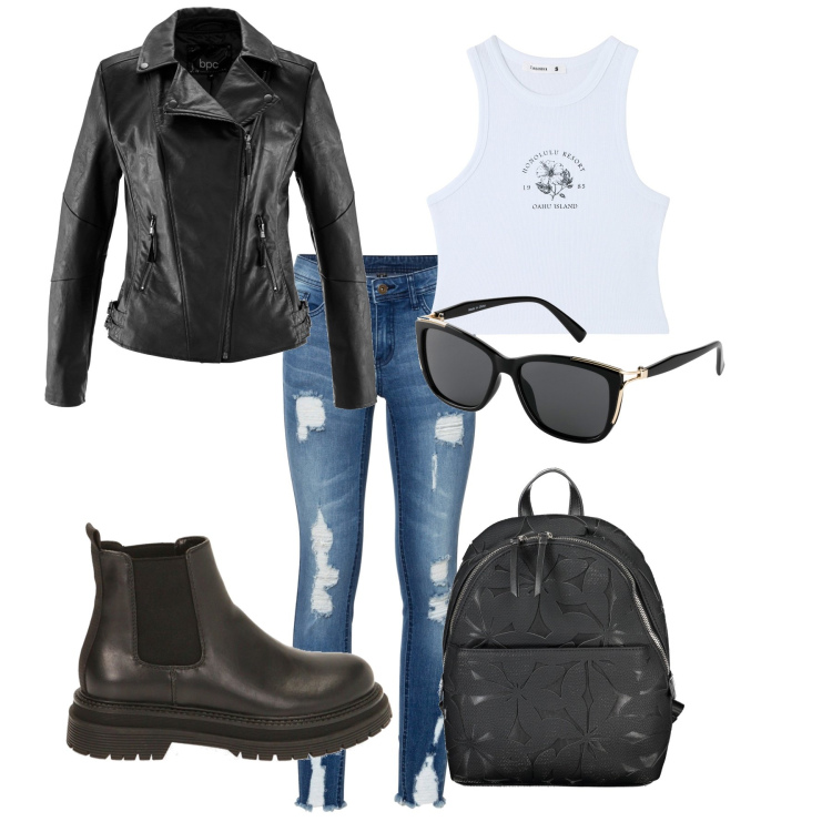 Outfit donna - Jeans e giacca in pelle. Stile Casual per Tutti i giorni. Abbinamento con blazer, jeans strappati, occhiali da sole, canottiere, stivaletti chelsea, zaini.