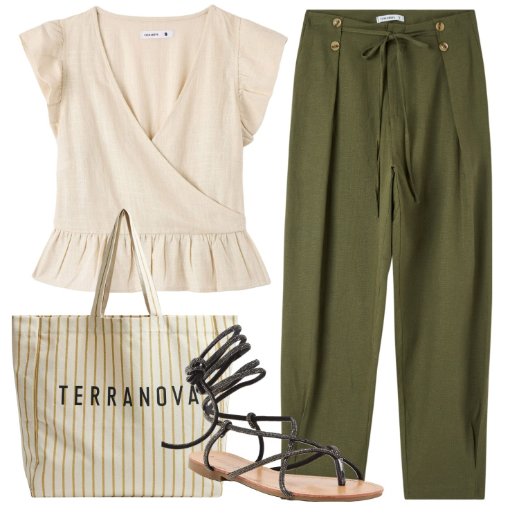 Outfit donna - Fresco lino. Stile Casual per Tutti i giorni. Abbinamento con pantaloni, bluse, borse tote, sandali alla schiava.