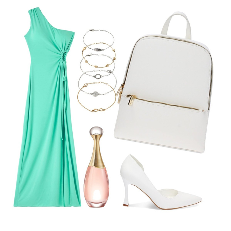 Outfit donna - Summer Elegante. Stile Romantica per Cerimonia. Abbinamento con braccialetti con ciondoli, vestiti asimmetrici, profumi, décolleté, zaini.