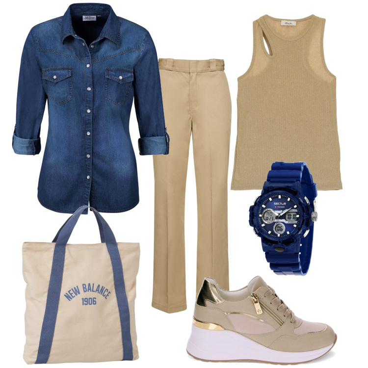 Outfit donna - New Spring. Stile Urban per Tutti i giorni. Abbinamento con orologi, camicie, borse a mano, sneakers, top, pantaloni.