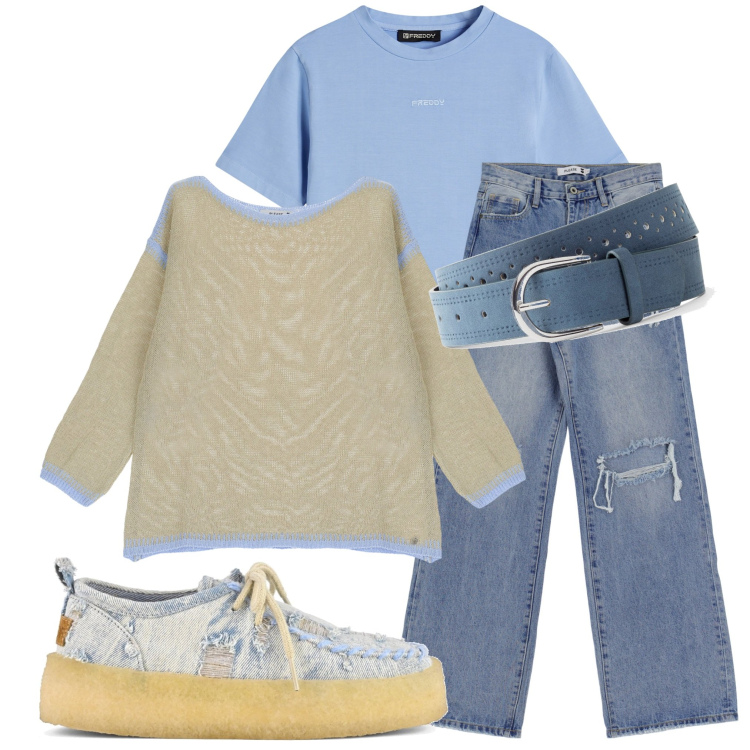 Outfit donna - Jeans strappati. Stile Casual per Tutti i giorni. Abbinamento con cinture, pullovers, jeans dritti, t-shirt, mocassini.
