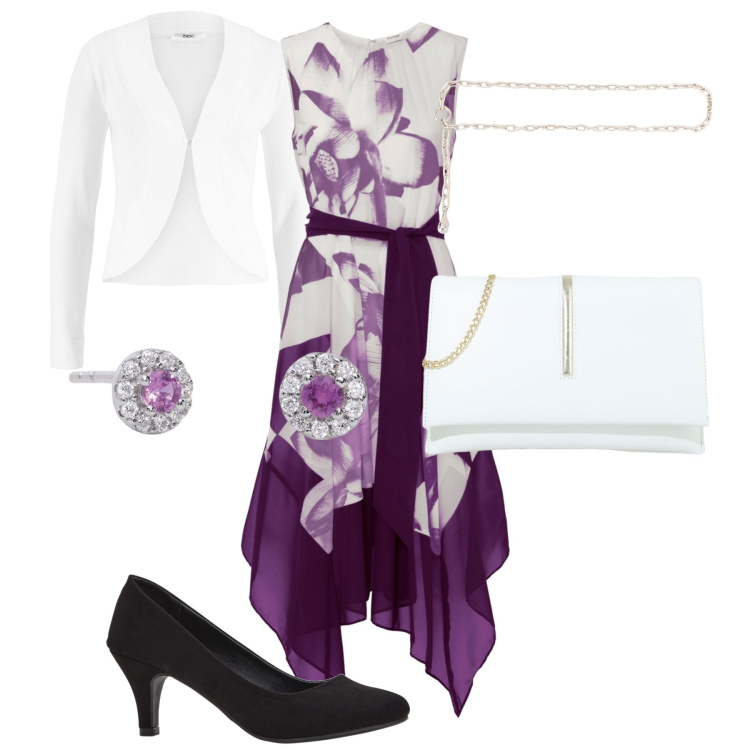 Outfit donna - Focus donna curvy. Stile Minimal per Cerimonia. Abbinamento con décolleté, vestiti, blazer, orecchini, pochette, collane.