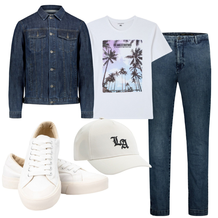 Outfit uomo - Total look #1874989. Stile Casual per Tutti i giorni. Abbinamento con t-shirt, cappelli, giacche, jeans, sneakers.