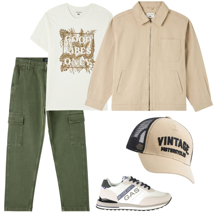 Outfit uomo - Every day young. Stile Urban per Tutti i giorni. Abbinamento con giacche, pantaloni cargo, cappelli, t-shirt, sneakers.