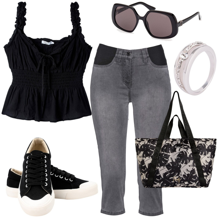 Outfit donna - Denim. Stile Casual per Tutti i giorni. Abbinamento con anelli, jeans, top, shopping bag, sneakers, occhiali da sole.