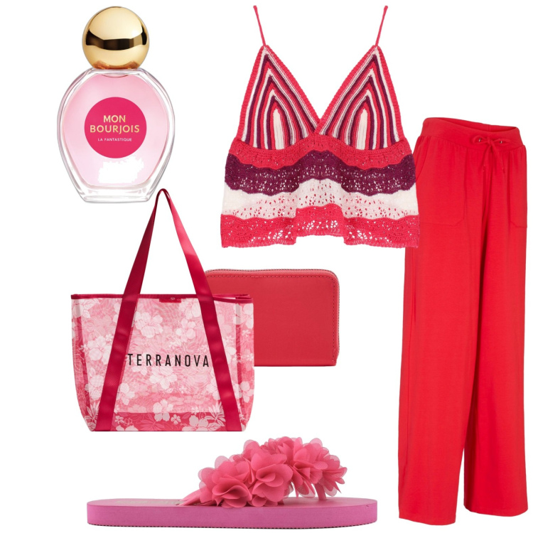 Outfit donna - Rosso. Stile Casual per Tutti i giorni. Abbinamento con pantaloni, profumi, shopping bag, portafogli, top, infradito.