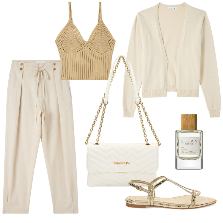 Outfit donna - Total look #1875045. Stile Boho per Tutti i giorni. Abbinamento con profumi, cardigans, top, pantaloni, sandali, borse a tracolla.