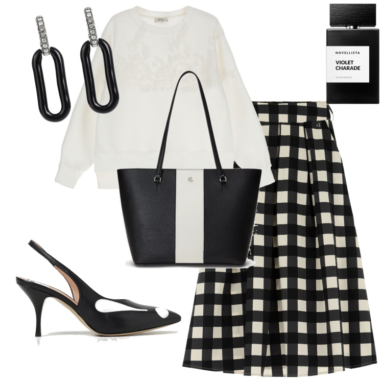 Outfit donna - Bianco e nero. Stile Casual chic per Serata fuori. Abbinamento con profumi, gonne lunghe, felpe, borse tote, scarpe col tacco, orecchini.