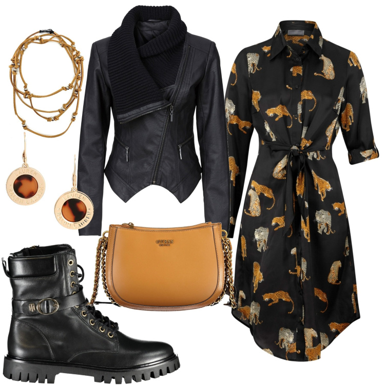 Outfit donna - Tempo libero. Stile Rock per Tutti i giorni. Abbinamento con vestiti chemisier, blazer, collane, orecchini, borse a spalla, stivali.