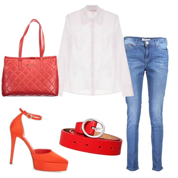 Outfit donna - Red details. Stile Casual chic per Tutti i giorni. Abbinamento con camicie, cinture, décolleté, borse a spalla, jeans skinny.