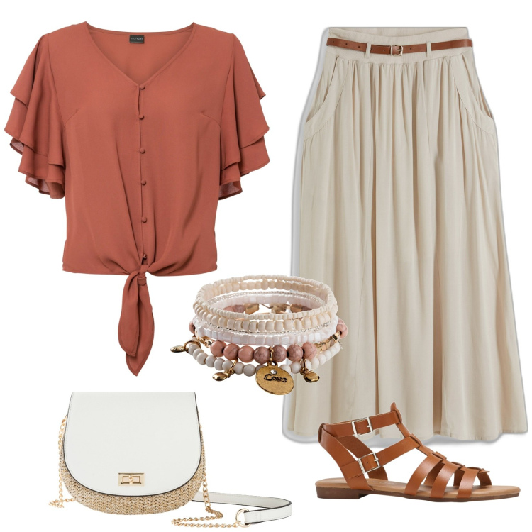 Outfit donna - Baciata dal sole. Stile Etnico per Tutti i giorni. Abbinamento con gonne lunghe, braccialetti, camicie, sandali, borse a tracolla.